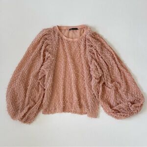Zara Pink Textured Fringe Blouse Balloon Puff Sleeve Cropped Top Size S